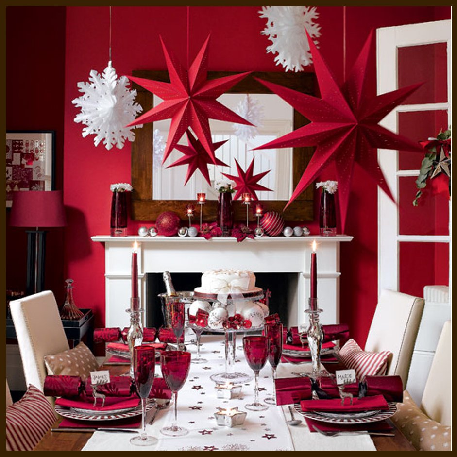 charming-christmas-center-piece-ideas-fake-fireplace-hanging-decor-wooden-dining-table-white-chairs-white-door-frames-table-lamp How to deck up your dining table for Christmas?